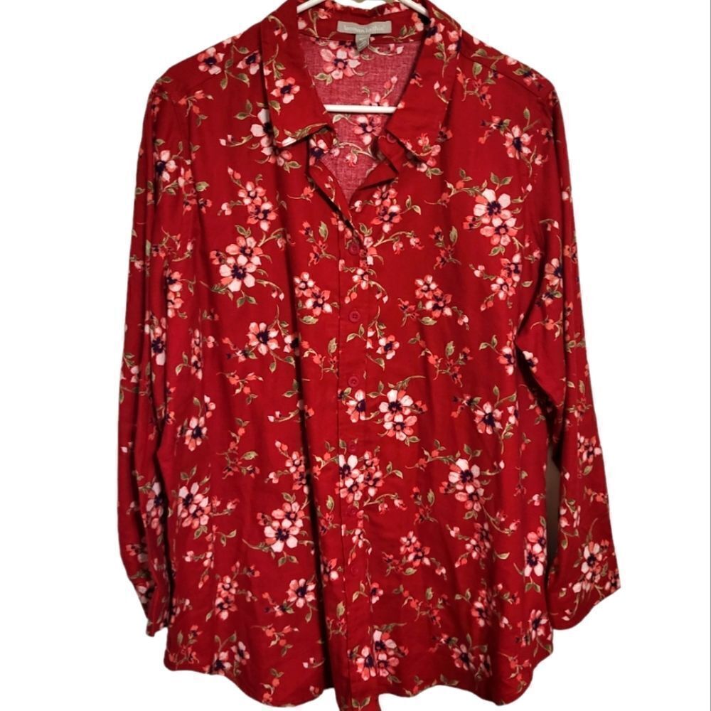 #88 Woman Within Red Floral Print Long Sleeve Button Up Blouse, Size L